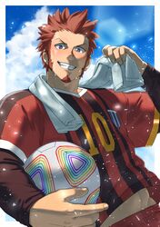  1boy anniversary artist_request ball blue_eyes brown_hair cowboy_shot facial_hair fate/grand_order fate_(series) goatee grin highres holding holding_ball light_particles long_sideburns looking_at_viewer male_focus mature_male midriff_peek napoleon_bonaparte_(fate) second-party_source sideburns smile solo sportswear standing sweat towel 