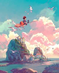  1girl artist_name bag bird black_cat black_hair blue_dress blue_sky bow broom broom_riding building cat clouds commentary day dress flying from_side hair_bow highres horizon house island jiji_(majo_no_takkyuubin) kiki_(majo_no_takkyuubin) landscape mailbag majo_no_takkyuubin naomi_vandoren ocean outdoors rock scenery seagull short_hair shoulder_bag sky town water wide_shot 