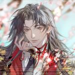  1boy bad_bcy_id bad_id bishounen black_sleeves blue_sky blurry blurry_background brown_hair cherry_blossoms chinese_clothes closed_mouth collared_shirt dangle_earrings day earrings fingernails floral_print flower flower_knot grey_eyes hand_on_own_chin hanfu high_collar highres jewelry kagaho_jiade_qingsi light_smile lips long_hair long_sleeves looking_at_viewer male_focus neck_ribbon original outdoors parted_bangs pink_flower red_ribbon red_robe ribbon robe sample_watermark shirt sky sleeves_past_wrists solo tassel tassel_earrings thick_eyebrows upper_body watermark white_shirt 