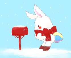  1girl animal_ears blue_background blush bow commentary_request from_side full_body furry furry_female mailbox_(incoming_mail) outdoors rabbit_ears rabbit_girl rabbit_tail red_footwear red_scarf sanrio scarf shoes smile snow snowing solo standing t.p._(ut10hhem10) tail white_fur wish_me_mell 