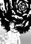  1boy bare_arms belt belt_buckle buckle character_request chinese_commentary clouds collared_shirt commentary_request full_moon greyscale high_collar highres juuni_kokuki looking_to_the_side male_focus monochrome moon necktie night night_sky outdoors parted_lips shirt short_hair short_sleeves sky solo star_(sky) starry_sky translation_request tree upper_body wind wind_lift wqznbcnm 