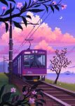  artist_name blue_sky clouds commentary crescent_moon evening flower gradient_sky grass horizon jubilee_(8pxl) moon mountainous_horizon no_humans ocean original outdoors pink_flower pixel_art railroad_tracks scenery sky symbol-only_commentary train tree 