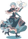  1girl bird blue_hair blunt_ends braid brown_eyes capelet chimney_(chimney0311) crossover crown_braid feathers fire_emblem fire_emblem:_three_houses fluffy full_body glaceon highres long_sleeves marianne_von_edmund open_mouth pokemon pokemon_(creature) simple_background smile swablu white_background 