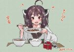  1girl :d ahoge blush bowl brown_eyes brown_hair chopsticks commentary_request dated food food_request green_background hands_up headgear holding holding_chopsticks holding_plate japanese_clothes kimono lamb_(hitsujiniku) long_sleeves looking_at_viewer plate rice simple_background sitting smile solo table teeth touhoku_kiritan translation_request twintails upper_body upper_teeth_only voiceroid white_kimono wide_sleeves 
