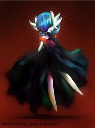  absurdres alternate_color artist_name black_dress black_gloves blue_hair bob_cut colored_skin covering_own_mouth dress elbow_gloves fishenod floating gardevoir gloves hair_over_one_eye hand_over_own_mouth highres mega_gardevoir mega_pokemon orange_eyes pokemon pokemon_(creature) red_background shiny_pokemon smile white_skin 