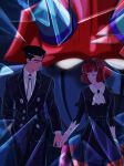  1boy 1girl android big_o_(mecha) black_dress black_hair bob_cut closed_eyes dress formal gloves hairband highres holding_hands looking_at_viewer mecha megadeus_mommy necktie pale_skin r_dorothy_wayneright redhead robot roger_smith shattered short_hair solo suit the_big_o 