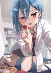  1girl barefoot blue_hair blurry blurry_background blush box chocolate coat collarbone collared_shirt commentary_request crossed_bangs dress dress_shirt earrings food grey_dress hair_between_eyes hand_out_of_frame heart heart-shaped_box heart-shaped_pupils highres holding holding_chocolate holding_food jewelry kneeling lab_coat leaning_forward long_sleeves looking_at_viewer love_live! love_live!_superstar!! neck_ribbon nekomarunisei open_mouth partial_commentary red_eyes red_ribbon ribbon school_uniform seductive_smile shirt short_dress short_hair smile solo stud_earrings symbol-shaped_pupils syringe teeth upper_teeth_only wakana_shiki white_coat white_shirt winter_uniform yuigaoka_school_uniform 