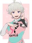  1boy :d ahoge bede_(pokemon) blonde_hair border collared_shirt commentary_request curly_hair eyelashes gloves hands_up highres looking_at_viewer male_focus mocollie open_mouth partially_fingerless_gloves pink_background pokemon pokemon_swsh shirt short_hair single_glove smile solo sparkle teeth undershirt violet_eyes white_border 