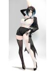  1girl absurdres arm_behind_head asymmetrical_legwear asymmetrical_pants azur_lane black_hair black_jacket black_nails black_necktie black_shorts breasts casual collared_shirt cropped_jacket cropped_shirt ear_piercing full_body hair_ornament hair_over_one_eye hairclip hand_on_own_hip high_heels highres hip_focus horns jacket large_breasts leaning_back leaning_to_the_side legs looking_at_viewer medium_hair midriff mismatched_legwear multicolored_hair nail_polish navel necktie piercing shirt short_shorts shorts skindentation sleeveless sleeveless_shirt slit_pupils smile solo standing suo_bu_ye_feng thigh-highs thigh_strap thighs two-tone_hair ulrich_von_hutten_(azur_lane) white_hair white_shirt yellow_eyes 