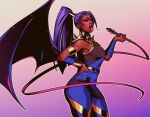  1girl ahfol bat_wings circlet cosplay dark-skinned_female dark_skin english_commentary feet_out_of_frame from_side gradient_background hand_on_own_hip hand_up high_collar high_ponytail holding holding_whip looking_at_viewer loose_hair_strand megaera_(hades) megaera_(hades)_(cosplay) megan_thee_stallion open_mouth pink_background pink_nails purple_hair real_life red_lips simple_background solo tongue tongue_out wings 