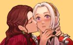  2girls armor armored_dress brown_hair closed_eyes closed_mouth commentary commission dorothea_arnault dress earrings edelgard_von_hresvelg english_commentary fire_emblem fire_emblem:_three_houses fire_emblem_warriors:_three_hopes hairband highres jewelry kiss kissing_cheek lips long_hair looking_at_viewer multiple_girls official_alternate_costume official_alternate_hairstyle pink_lips red_dress sethkiel simple_background upper_body violet_eyes wavy_hair white_hair yellow_background yuri 