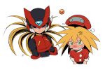  1boy 1girl android angry black_eyes blonde_hair commentary_request emoji glaring green_eyes hat helmet highres in-franchise_crossover long_hair mega_man_(series) mega_man_legends_(series) mega_man_zero_(series) roll_caskett_(mega_man) simple_background touhou3939 upper_body zero(z)_(mega_man) zero_(mega_man) 