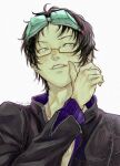  1boy arimoto_wada_dji black_hair glasses gnosia goggles green_hair highres jacket jewelry long_sleeves looking_at_viewer male_focus necklace sha-ming shirt short_hair smile solo upper_body zipper 