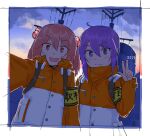  2019 2girls akebono_(kancolle) alternate_costume armband blush border clouds coat fang hair_between_eyes hair_bobbles hair_ornament highres kantai_collection long_sleeves looking_at_viewer matsuge916 multiple_girls open_mouth outdoors pink_eyes pink_hair purple_hair rigging sazanami_(kancolle) selfie sidelocks sky upper_body violet_eyes w white_border yellow_armband 