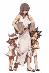  1girl 2boys aged_down atem bad_id bad_lofter_id belt black_hair blonde_hair blue_eyes bracer bright_pupils brown_hair clothes_grab colored_tips dress egyptian_clothes full_body gold_armlet highres holding jewelry long_hair looking_down mahado mana_(yu-gi-oh!) millennium_puzzle multicolored_hair multiple_boys naoki_(2rzmcaizerails6) necklace off-shoulder_dress off_shoulder open_mouth pendant purple_hair sandals shirt sidelocks simple_background smile usekh_collar violet_eyes white_background white_shirt white_tunic yu-gi-oh! yu-gi-oh!_duel_monsters 