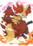  animal_ear_fluff claws closed_mouth delphox fire frown grey_fur holding makoto_ikemu multicolored_fur orange_eyes orange_fur pokemon pokemon_(creature) red_eyes red_fur signature simple_background solo stick tail white_background white_fur yellow_fur 