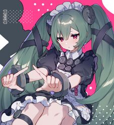  1girl apron black_dress collared_dress commentary_request corin_wickes cuffs dress expressionless facing_viewer feet_out_of_frame green_hair guzangnanfeng hands_up highres light_blush long_hair looking_ahead maid maid_apron maid_headdress partial_commentary pink_background puffy_short_sleeves puffy_sleeves screw_hair_ornament short_sleeves simple_background solo translation_request twintails violet_eyes white_apron zenless_zone_zero 