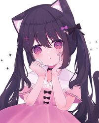  1girl absurdres animal_ears bandaid bandaid_on_cheek bandaid_on_face bow cat_ears cat_girl cat_tail choker collared_dress dress dress_bow future_c0v0c hair_bow hair_ribbon hands_on_own_cheeks hands_on_own_face heart heart-shaped_pupils highres long_hair original purple_hair ribbon short_sleeves solo symbol-shaped_pupils tail twintails violet_eyes 