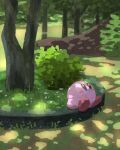  :o blue_eyes blush_stickers bush colored_skin commentary_request dappled_sunlight day highres kirby kirby_(series) looking_up miclot no_humans outdoors park parted_lips pink_skin red_footwear shoes sitting solo sunlight tree 