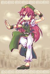  1girl beret brown_background closed_mouth fang fang_out fighting_stance from_side full_body green_footwear green_hat green_skirt green_vest hat hat_ornament highres hong_meiling long_hair making-of_available no_socks pants pants_under_skirt puffy_pants puffy_short_sleeves puffy_sleeves redhead shirt shoes short_sleeves simple_background skirt skirt_set solo star_(symbol) star_hat_ornament touhou v-shaped_eyebrows vest wataame_(quality) white_pants white_shirt wrist_cuffs 