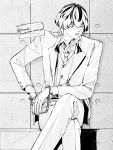  1boy bored collared_shirt crossed_legs cuffs ear_piercing greyscale haitani_rindou handcuffs hands_up highres jacket looking_to_the_side male_focus medium_hair monochrome multicolored_hair neck_tattoo necktie open_clothes open_jacket pants parted_lips piercing rakressy shirt sitting solo streaked_hair suit tattoo teeth tokyo_revengers twitter_username upper_teeth_only vest wolf_cut 