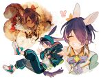  1boy animal_ears blonde_hair blue_jacket clenched_teeth closed_eyes ensemble_stars! hair_over_one_eye hood hood_down hooded_jacket jacket male_focus multicolored_hair multiple_views neck_ribbon open_mouth purple_hair purple_ribbon rabbit_bow rabbit_ears rabbit_tail ribbon sapphire_(nine) sengoku_shinobu shirt simple_background smile squirrel_boy squirrel_ears squirrel_tail streaked_hair tail teeth white_background white_shirt yellow_eyes 