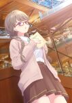  1girl absurdres adapted_uniform against_wall alternate_costume aqua_ribbon bespectacled book braid brown_cardigan brown_hair brown_skirt cardigan chestnut_mouth collared_shirt commentary_request cowboy_shot dress_shirt dutch_angle fujishima_megumi glasses hasu_no_sora_school_uniform highres holding holding_book link!_like!_love_live! long_hair looking_up love_live! low_twin_braids miniskirt neck_ribbon open_book open_cardigan open_clothes photo_background pleated_skirt red-framed_eyewear ribbon school_uniform shirt skirt solo translation_request twin_braids two-handed violet_eyes virtual_youtuber white_shirt yutuki_ame 