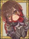  1girl black-framed_eyewear black_gloves border brown_hair chajo1225 closed_mouth eyelashes glasses gloves gradient_hair hair_between_eyes hands_on_own_face highres hololive looking_at_viewer multicolored_hair ornate_border outside_border picture_frame portrait redhead roboco-san roboco-san_(1st_costume) solo two-tone_hair upper_body virtual_youtuber yellow_eyes 