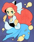  1girl air_bubble ariel_(disney) blue_background blue_bow blue_dress bow bright_pupils bubble cropped_legs dress green_eyes hair_bow inumura_(inu_noya) lipstick long_hair long_sleeves looking_at_viewer makeup redhead sebastian_(disney) smile the_little_mermaid white_pupils 