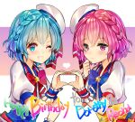  1boy 1girl bad_id bad_twitter_id blue_bow blue_eyes blue_hair bow braid brother_and_sister character_name crossdressing dorothy_west gambe grin hand_up hands_up happy_birthday hat heart heart_hands heart_hands_duo idol_clothes looking_at_viewer mole mole_under_eye one_eye_closed open_mouth otoko_no_ko pink_eyes pink_hair pretty_series pripara puffy_short_sleeves puffy_sleeves red_bow reona_west sailor_hat short_hair short_sleeves siblings side_braid smile star_(symbol) twins white_hat wrist_cuffs 