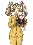  1girl ;d blonde_hair blue_eyes character_doll commission fire_emblem fire_emblem_awakening hair_ornament highres holding holding_stuffed_toy lissa_(fire_emblem) long_hair long_sleeves looking_at_viewer one_eye_closed open_mouth pajamas robin_(fire_emblem) robin_(male)_(fire_emblem) rotomdocs signature simple_background smile solo stuffed_toy twintails twitter_username white_background yellow_pajamas 