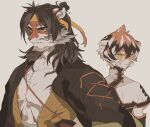  1boy 1girl arknights bare_pectorals beard black_hair chinese_clothes closed_mouth collarbone facial_hair grey_background grey_facial_hair hair_between_eyes headband huai_tianpei_(arknights) long_sleeves looking_ahead looking_to_the_side orange-tinted_eyewear orange_eyes orange_headband pectorals round_eyewear short_hair sirakaro slit_pupils tiger_boy tiger_girl tinted_eyewear waai_fu_(arknights) 