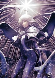  152_in_can 1other absurdres ahoge blue_bodysuit blue_capelet bodysuit brooch capelet closed_mouth fate/grand_order fate_(series) feet_out_of_frame hair_over_one_eye highres jewelry long_hair looking_at_viewer night night_sky sirius_(fate) sky solo sparkle star_(sky) white_capelet white_hair yellow_eyes 