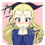  1girl assam_(girls_und_panzer) black_necktie black_ribbon blonde_hair blue_eyes blue_sweater blush commentary covering_own_mouth dress_shirt girls_und_panzer hair_pulled_back hair_ribbon highres ichinose_jun long_hair long_sleeves looking_at_viewer necktie pink_background ribbon school_uniform shirt solo st._gloriana&#039;s_school_uniform sweatdrop sweater translated v-neck white_shirt 