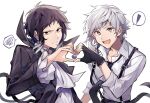  ! 2boys :d akutagawa_ryuunosuke_(bungou_stray_dogs) ascot black_coat black_eyes black_gloves black_hair black_necktie black_pants bungou_stray_dogs closed_mouth coat collared_shirt commentary_request fang fingerless_gloves frilled_sleeves frills gloves grey_hair heart heart_hands heart_hands_duo highres long_sleeves looking_at_viewer male_focus masaka888 multicolored_eyes multicolored_hair multiple_boys nakajima_atsushi_(bungou_stray_dogs) necktie open_mouth pants shirt short_hair simple_background skin_fang smile spoken_exclamation_mark spoken_squiggle squiggle suspenders two-tone_hair upper_body violet_eyes white_ascot white_background white_shirt yellow_eyes 