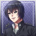  1boy black_hair black_sclera colored_sclera commentary_request dated gakuran genderswap genderswap_(ftm) grey_eyes highres kengan_(series) kengan_ashura kure_karura male_focus mito_amatsu open_mouth portrait school_uniform signature smile solo twitter_username 