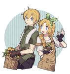  1boy 1girl :3 apron basket black_gloves black_pants blue_background blue_eyes border bow bow_hairband braid braided_ponytail brown_apron buttons character_request commentary cropped_legs dot_nose fingerless_gloves fire_emblem fire_emblem:_genealogy_of_the_holy_war flower flower_basket flower_pot gloves green_bow green_hairband green_jacket haconeri hair_bow hairband holding holding_basket holding_flower_pot jacket long_hair low-tied_long_hair ok_sign open_mouth outside_border pants round_border symbol-only_commentary white_border white_towel yellow_flower 