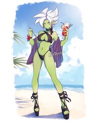  bikini black_bikini bow breasts colored_skin dragon_ball dragon_ball_super earrings fused_zamasu genderswap genderswap_(mtf) green_skin grey_eyes high_heels highleg highleg_bikini highres jewelry jiajiajiajiaa large_breasts palm_leaf parfait potara_earrings sling_bikini_top spiky_hair spoon swimsuit veil white_hair zamasu 
