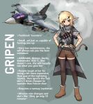  1girl absurdres aircraft airplane ammunition_belt black_thighhighs blonde_hair brown_footwear brown_gloves brown_shorts canards english_text fighter_jet fingerless_gloves full_body gloves highres jet midriff military_vehicle missile original pandramodo pointy_ears saab_gripen short_sleeves shorts smoke solo standing thigh-highs yellow_eyes 