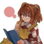  1girl absurdres apron bell book bubble checkered_clothes checkered_kimono checkered_shirt eneshi eyewear_on_head glasses hair_bell hair_ornament highres japanese_clothes jingle_bell kimono motoori_kosuzu open_mouth page_number shirt touhou two_side_up wide_sleeves yellow_apron 