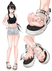  1girl absurdres bare_legs barefoot black_hair black_tank_top blush breasts closed_mouth collarbone commission crossed_legs dorsiflexion feet foot_focus foot_up full_body greek_toe grey_shorts high_ponytail highres legs long_hair long_legs looking_at_viewer medium_breasts nail_polish nanase_young navel nike_(company) original pink_nails pixiv_commission ponytail sandals shorts simple_background soles solo spread_toes standing sweaty_foot tank_top toenail_polish toenails toes white_background white_footwear 