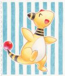  ^_^ ampharos animal_focus arms_up border closed_eyes colored_pencil_(medium) forehead_jewel full_body happy no_humans numae_kaeru open_mouth outline pokemon pokemon_(creature) solo striped_background traditional_media white_border white_outline 