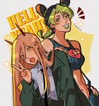  2girls absurdres artist_name black_hair black_nails black_necktie braid braided_ponytail breasts chainsaw_man commentary crop_top crossover double_bun earrings fairouz_ai green_eyes green_hair green_jacket green_lips green_nails hair_between_eyes hair_bun heart highres horns huyandere jacket jewelry jojo_no_kimyou_na_bouken kujo_jolyne light_brown_hair long_hair medium_breasts multicolored_hair multiple_girls navel_piercing necktie orange_eyes piercing power_(chainsaw_man) red_horns ringed_eyes signature single_braid smile star_(symbol) star_earrings stone_ocean two-tone_hair v voice_actor_connection 