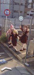  >_< 3girls :d :q ^_^ ahoge anyoji_hime aqua_neckerchief black_bow black_ribbon blonde_hair blue_hair blunt_bangs bow bow_legwear brown_dress brown_footwear brown_hair chain-link_fence closed_eyes commentary double_v dress fence flower fujishima_megumi google_maps google_street_view gradient_hair hair_flower hair_ornament hair_ribbon hasu_no_sora_school_uniform high_school_girls_posing_for_google_street_view_(meme) highres hood hooded_jacket jacket jitome knee_up l9525 light_blue_hair link!_like!_love_live! loafers long_hair long_sleeves love_live! medium_dress meme mira-cra_park! multi-tied_hair multicolored_hair multiple_girls neckerchief open_clothes open_jacket open_mouth osawa_rurino overhead_line parted_bangs photo-referenced photo_background pink_flower pink_hair pink_jacket pleated_dress ponytail red_neckerchief ribbon road_sign sailor_collar sailor_dress school_uniform shoes sidelocks sidewalk sign smile socks standing standing_on_one_leg swept_bangs tactile_paving tongue tongue_out twintails two_side_up v very_long_hair violet_eyes virtual_youtuber white_sailor_collar white_socks winter_uniform xd yellow_neckerchief 