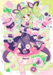  1girl black_dress black_hairband detached_sleeves doughnut doughnut_print dress food green_background green_eyes green_hair hairband heterochromia highres original pink_doughnut pink_eyes pink_footwear saijo1201 socks twintails white_socks 