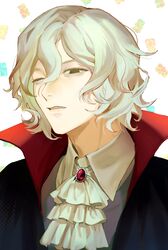  1boy ascot bags_under_eyes black_eyes cape dewli dungeon_meshi elf fangs grey_hair hair_between_eyes looking_at_viewer male_focus mithrun notched_ear official_alternate_costume one_eye_closed pointy_ears portrait shadow shirt short_hair solo vampire wavy_hair white_ascot white_background 