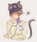  1boy animal_hat blue_eyes blush cat_boy cat_tail closed_mouth cropped_torso genshin_impact hair_between_eyes hand_on_own_cheek hand_on_own_face hat lic_617 long_sleeves male_focus purple_hair scaramouche_(cat)_(genshin_impact) scaramouche_(genshin_impact) simple_background sleeves_past_wrists solo squiggle tail turtleneck upper_body 