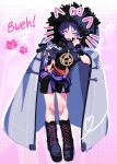  1boy akanbe black_footwear black_shorts boots closed_mouth dotted_background drawn_ears drawn_whiskers english_commentary eyelid_pull full_body fur_trim genshin_impact hand_on_own_hip hand_up highres hood hood_up knees male_focus pink_background purple_hair scaramouche_(genshin_impact) seeslugs shorts solo standing tongue tongue_out twitter_username v-shaped_eyebrows violet_eyes 