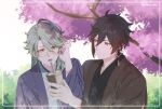  2boys ahoge antenna_hair artist_name baizhu_(genshin_impact) black_kimono blurry blurry_background border brown_eyes brown_hair brown_jacket bubble_tea bush cherry_blossoms closed_mouth commentary cup day disposable_cup drinking_straw earrings eyeliner eyewear_strap genshin_impact glasses green_hair hair_between_eyes hand_up haori highres holding holding_cup jacket japanese_clothes jewelry kimono long_hair long_sleeves looking_at_another looking_down makeup male_focus multiple_boys open_clothes open_jacket open_mouth orange_eyes outdoors parted_bangs purple_jacket red_eyeliner semi-rimless_eyewear single_earring smile swept_bangs tassel tassel_earrings tongue tongue_out transparent_border tree twitter_username under-rim_eyewear upper_body usushio_oishii white_kimono zhongli_(genshin_impact) 