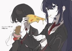  2boys black_coat black_hair burger burger_malfunction cheese_trail coat collared_shirt eating food hagan_tw half_updo hands_up holding holding_burger holding_food holding_pizza hong_lu_(project_moon) limbus_company long_hair long_sleeves male_focus multiple_boys necktie pizza project_moon red_necktie shirt simple_background sweat translation_request very_long_hair white_background white_shirt yi_sang_(project_moon) 